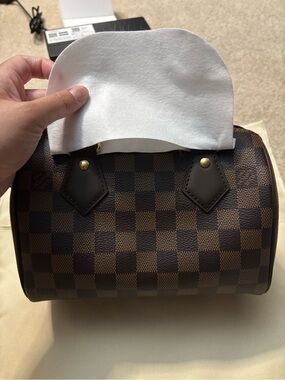 Brown Checkered Mini Top-Handle Bag with Gold Hardware